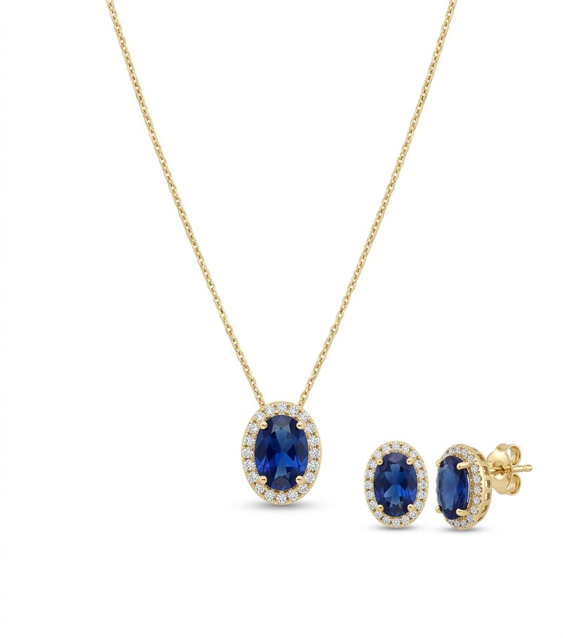 Juego de oro 14k con circonias azules y blancas corte oval mod 5533