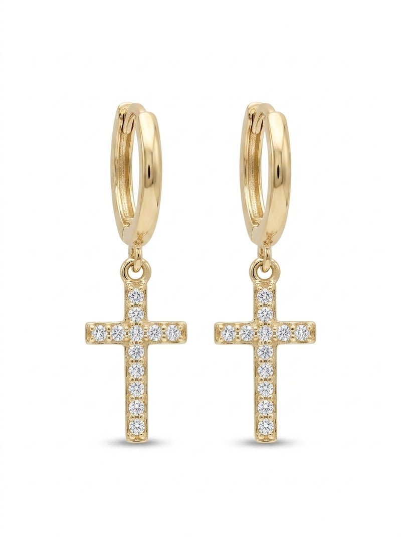 Huggies de oro 14k diseño de Cruz tradicional 5610