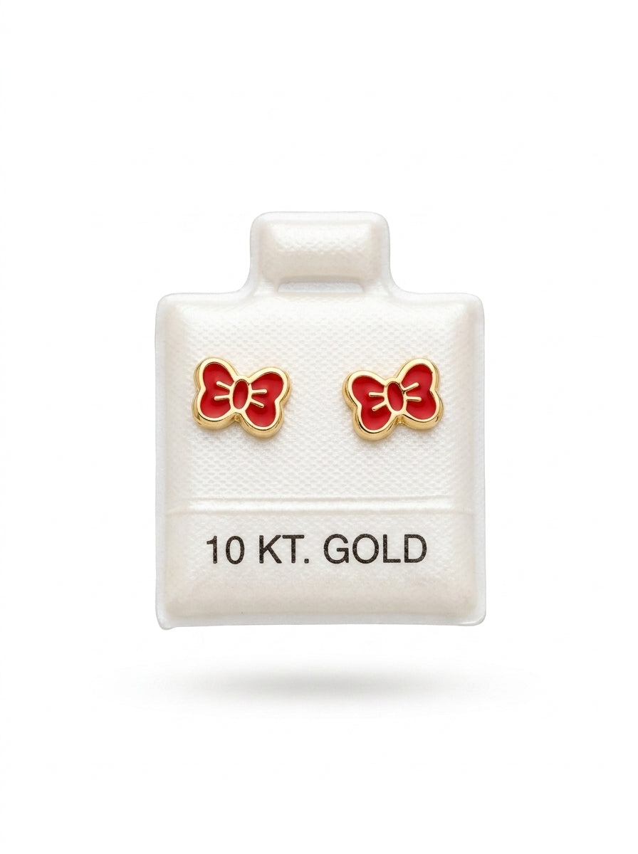 Broquel de oro 10k delgado diseño de moño esmaltados rojos (de bolitas) Mod 5661