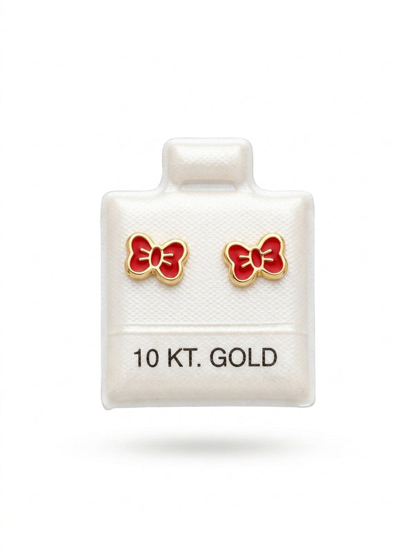 Broquel de oro 10k delgado diseño de moño esmaltados rojos (de bolitas) Mod 5661