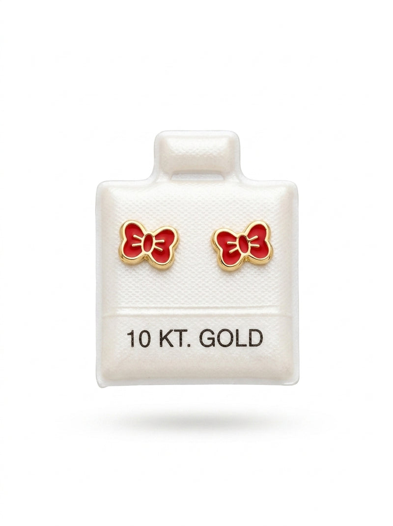 Broquel de oro 10k delgado diseño de moño esmaltados rojos (de bolitas) Mod 5661