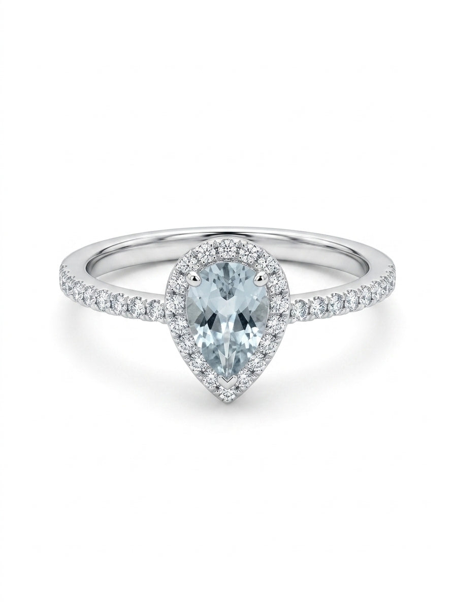 Anillo de Oro Blanco 14K Aguamarina Gota con Diamantes naturales Mod 5471