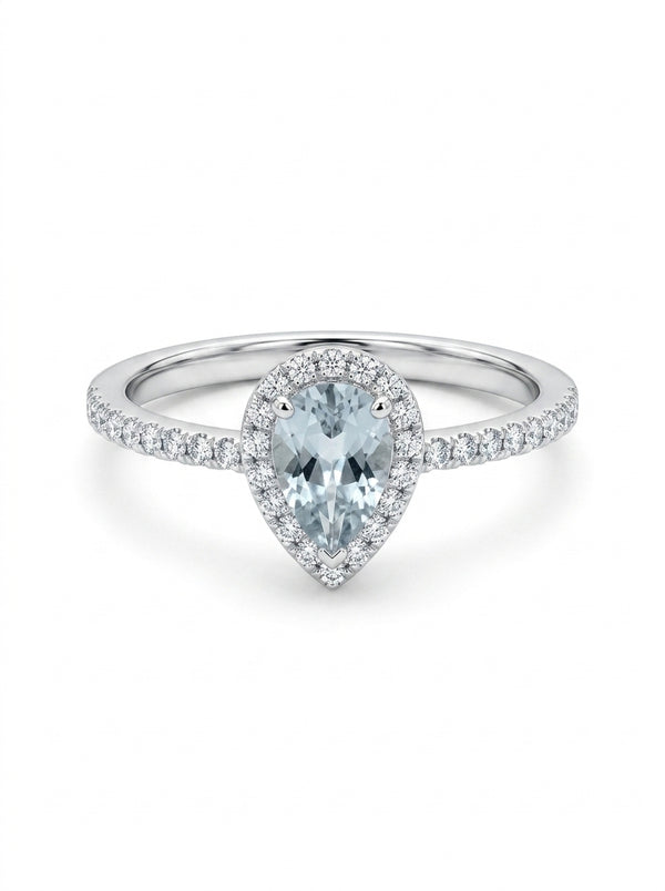 Anillo de Oro Blanco 14K Aguamarina Gota con Diamantes naturales Mod 5471