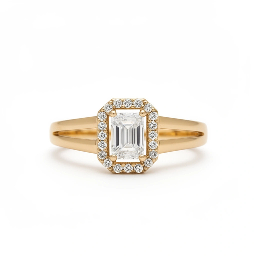 Anillo de oro 14k diseño halo rectangular con incrustaciones de circonias