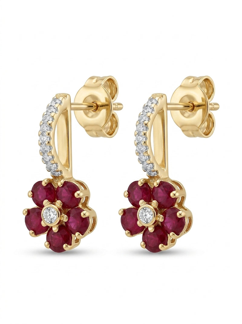 Aretes de oro 14k diseño de flor con rubíes y diamantes naturales Mod 5535