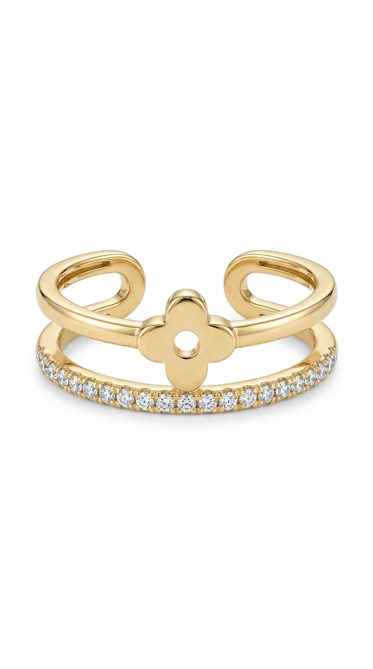 Anillo de oro 14k diseño de trébol con circonias Mod. LM5100