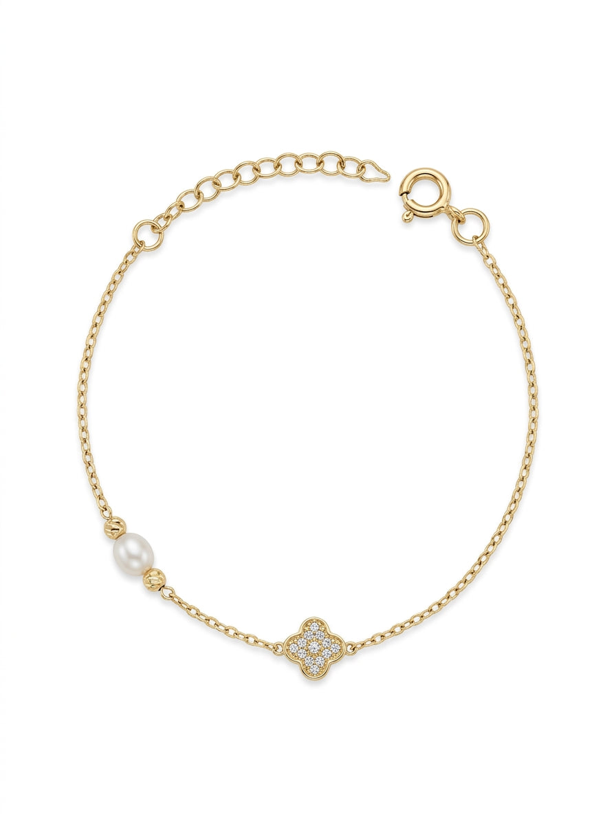 Pulsera de oro 10k diseño de trébol y perla Mod LM5182- 18 cm