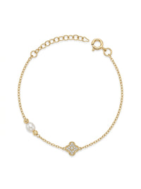 Pulsera de oro 10k diseño de trébol y perla Mod LM5182- 18 cm