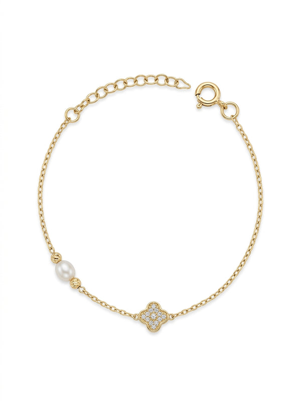 Pulsera de oro 10k diseño de trébol y perla Mod LM5182- 18 cm
