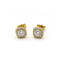 Aretes de oro 14K con circonia central y halo cuadrado Mod. 694
