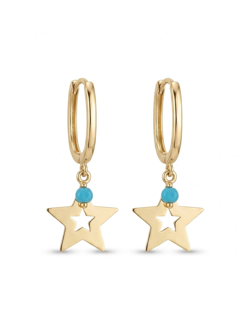 Huggies de oro 14k diseño de estrella con turquesa 5621