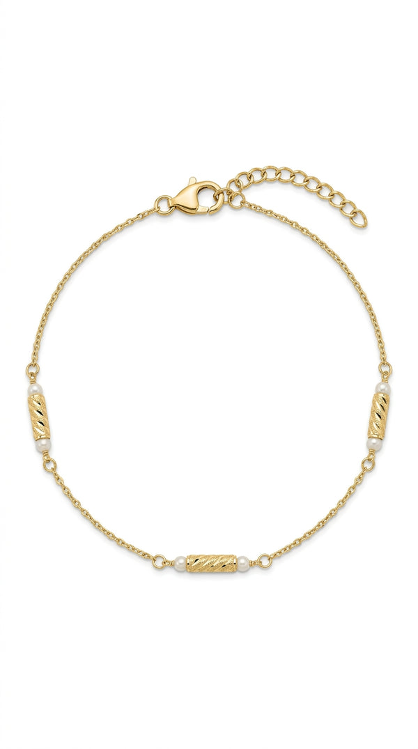 Pulsera Delicada con Perlas y Barras Texturizadas en Oro 14K - 18 cm