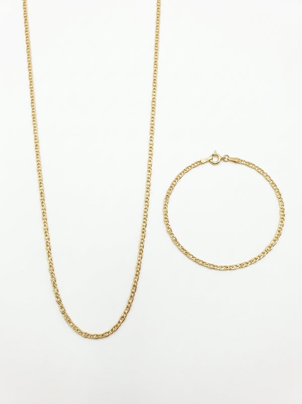 Set de oro 14k de cadena y pulsera tejido ojo de tigre Mod 6270 - 45 cm y 18 cm x 2 mm