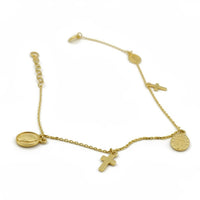 Pulsera de oro 14K con cruces y medallas religiosas