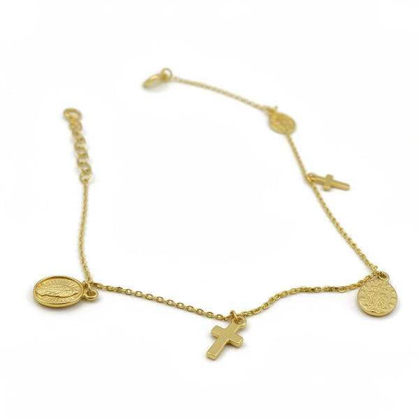 Pulsera de oro 14K con cruces y medallas religiosas