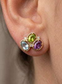 Aretes de oro 14k diseño cluster  multicolor Mod LM5402 - 2 cm