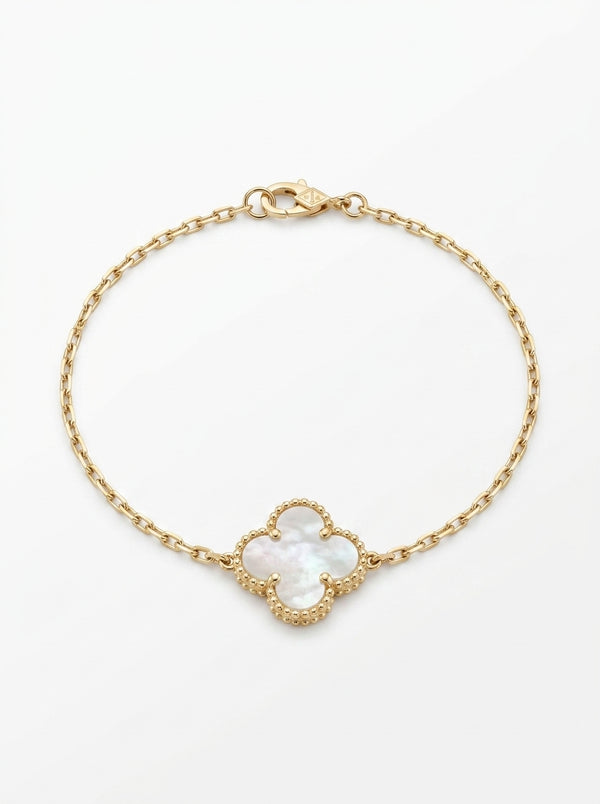 Pulsera de oro 14k diseño de trébol inspirada en diseñador con madre perla Mod 5790 - 18 cm