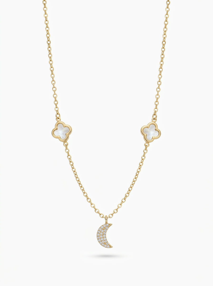 Gargantilla de oro 14k diseño trébol madre perla con media luna Mod 5648- 45 cm