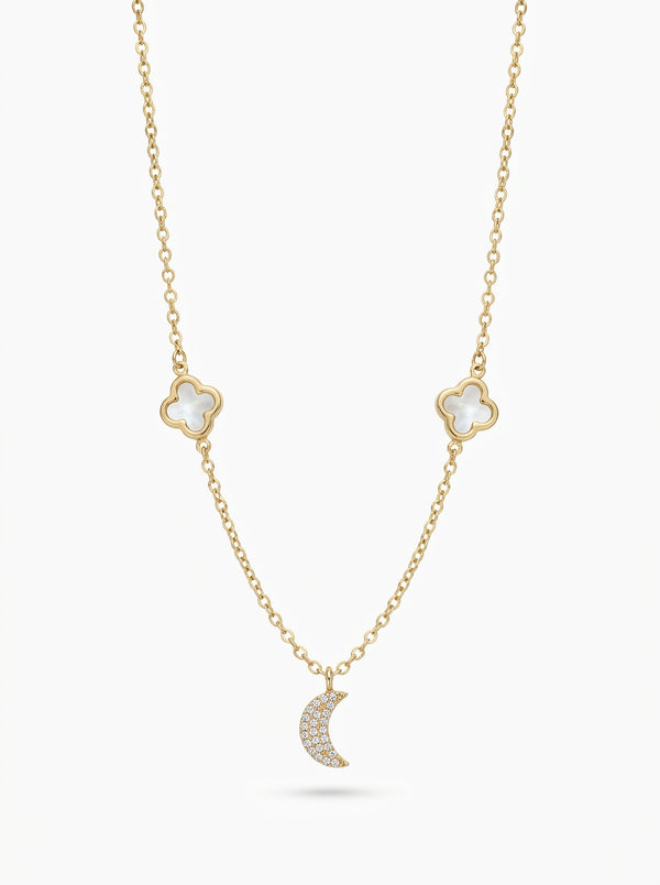 Gargantilla de oro 14k diseño trébol madre perla con media luna Mod 5648- 45 cm