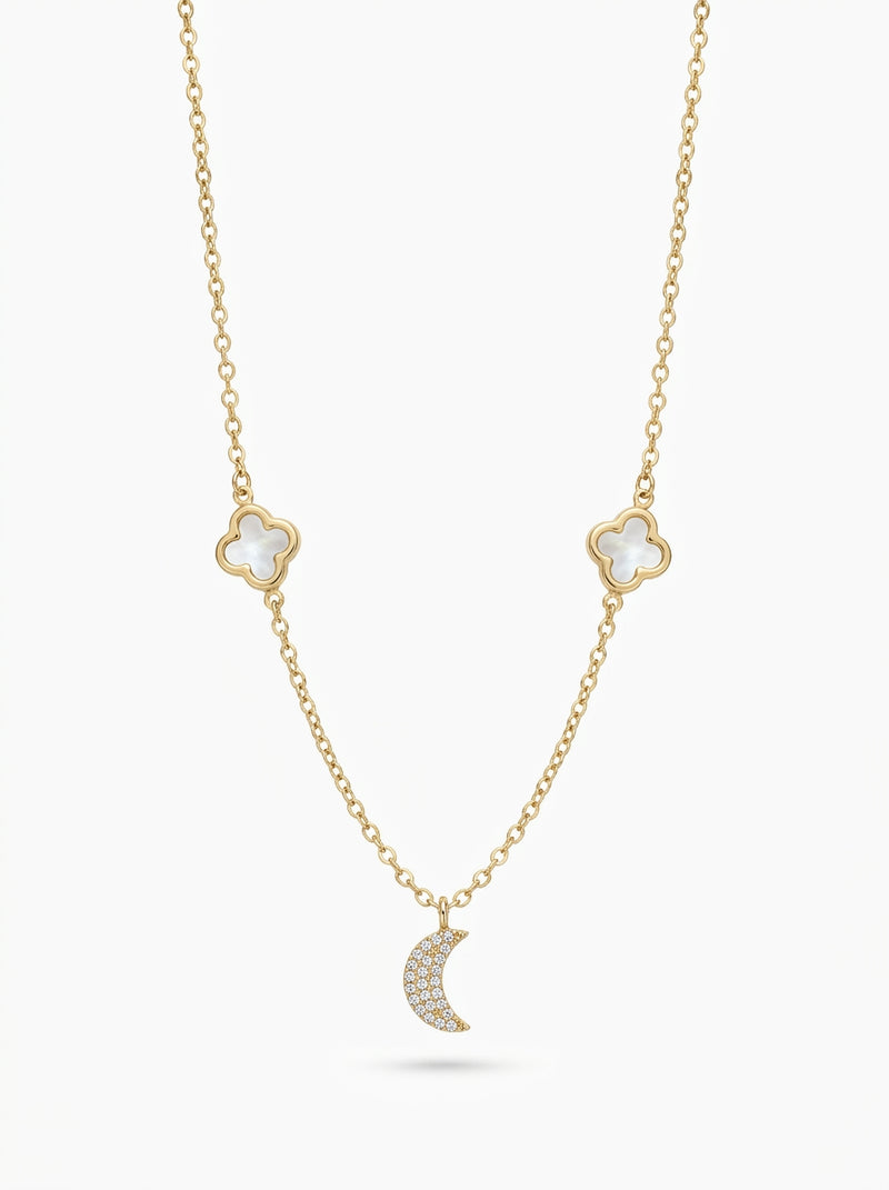 Gargantilla de oro 14k diseño trébol madre perla con media luna Mod 5648- 45 cm