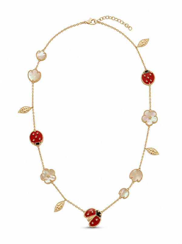 Gargantilla de oro 10k tipo diseñador de catarinas y flores madre perla Mod 5700 - 45 cm