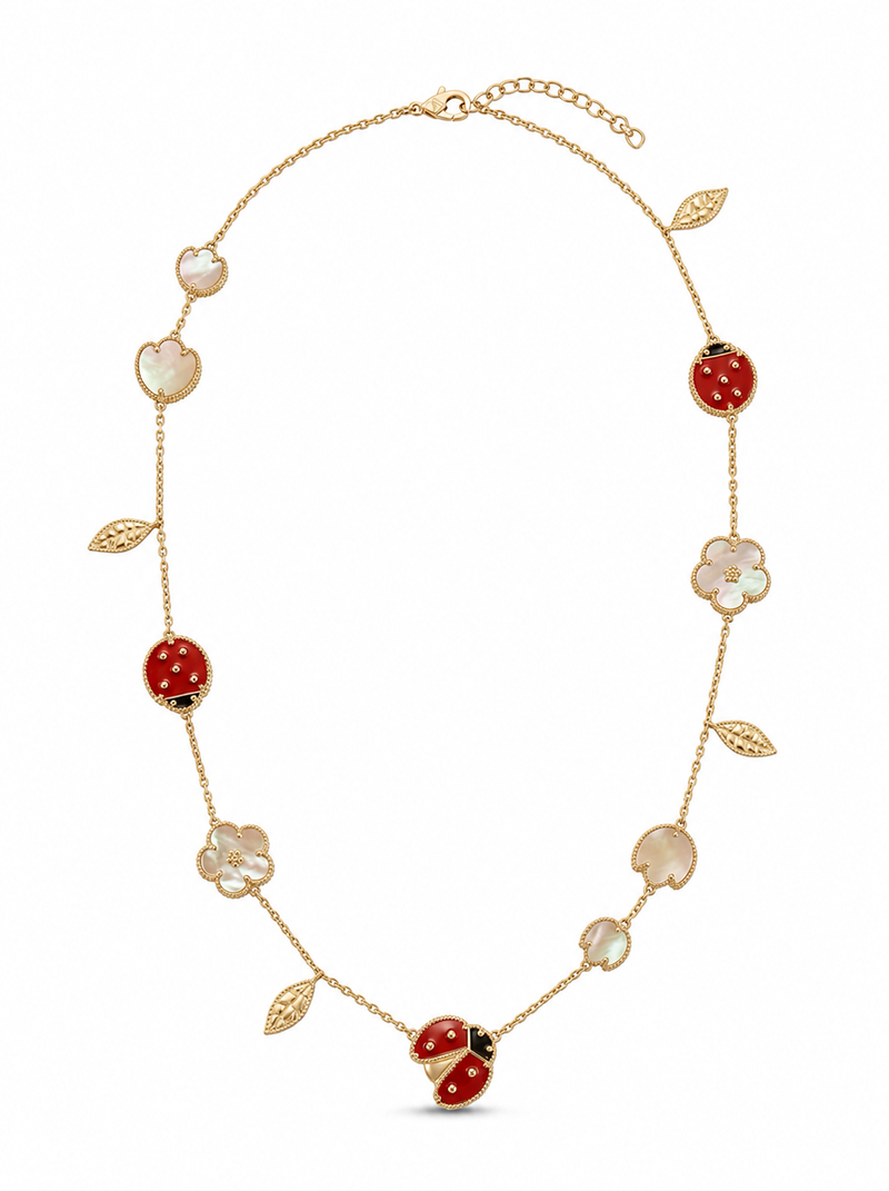 Gargantilla de oro 10k tipo diseñador de catarinas y flores madre perla Mod 5700 - 45 cm