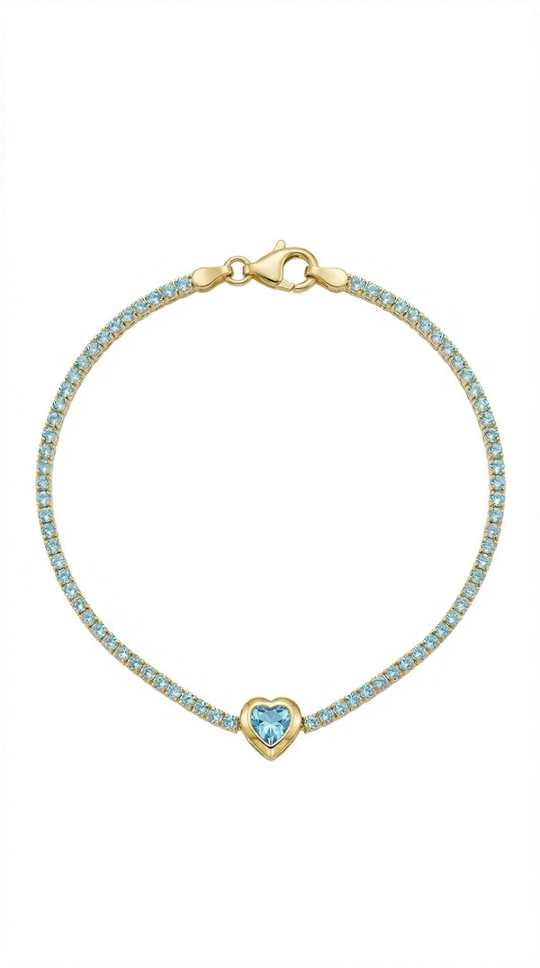 Pulsera de oro 14k tipo tenis con corazón azul Mod. LM5017- 18 cm x 1 mm