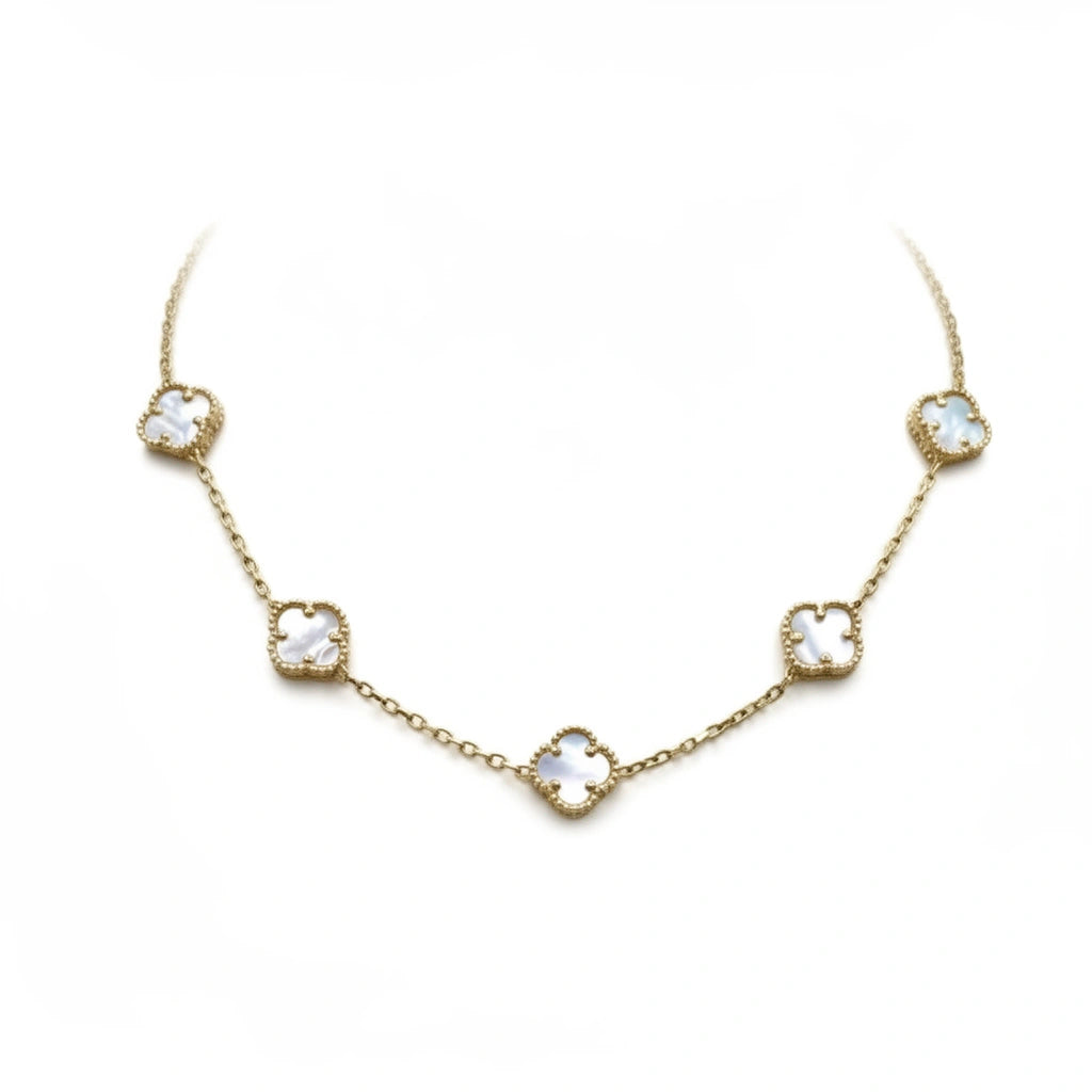 Gargantilla de trébol de oro 14k con piedra madre perla 45 cm x 9 mm