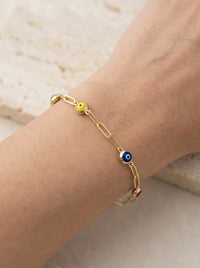 Pulsera de oro 14k diseño de clip con ojitos turcos de  colores Mod LM544 - 18 cm