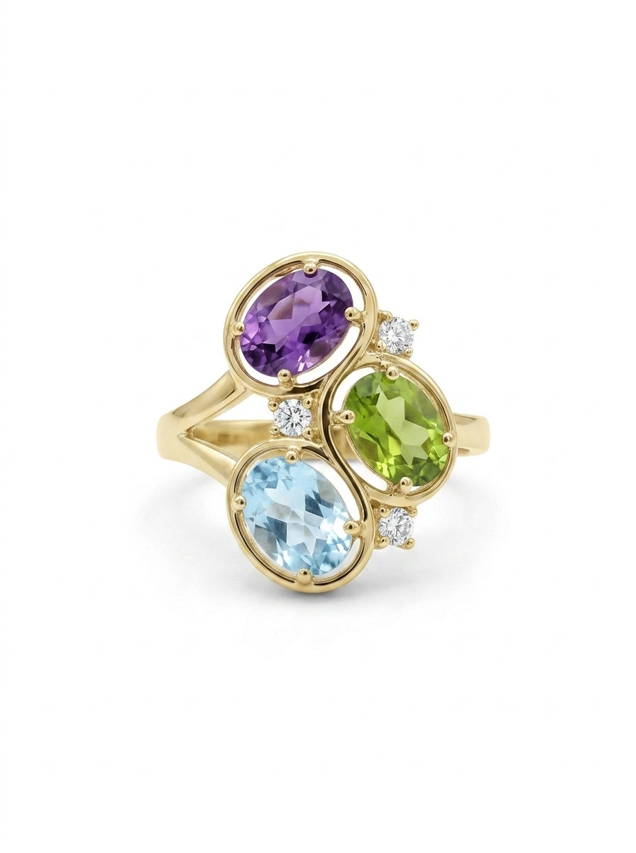 Anillo de oro 14k diseño cluster  multicolor Mod LM5405