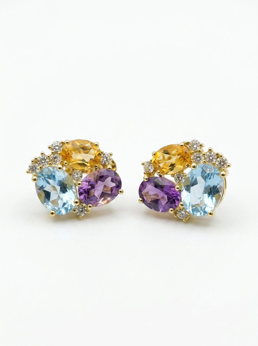Aretes de oro 14k diseño cluster  multicolor Mod LM5403 - 2 cm