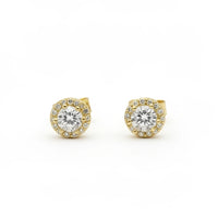 Aretes de oro 14K con circonia central y halo redondo Mod. 898