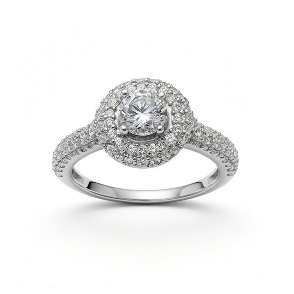 Anillo de oro blanco 14k tipo halo con circonias