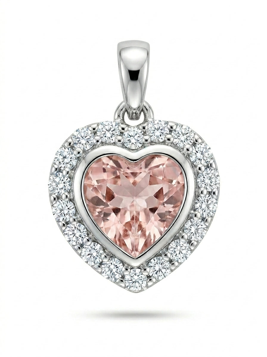 Dije de oro blanco 14k diseño de corazón con morganita al centro y diamantes naturales Mod 5448 - 1 cm