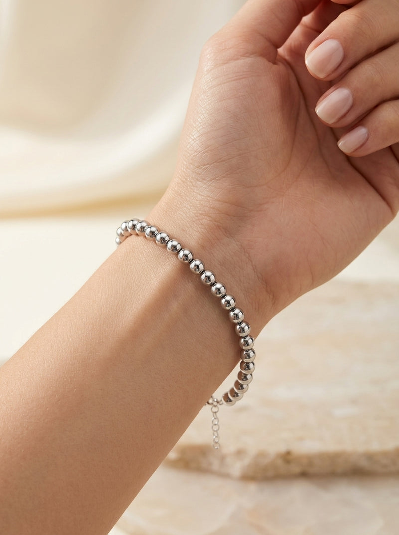 Pulseras de oro blanco 14k diseños de bolitas huecas mod 5748 - 18 cm