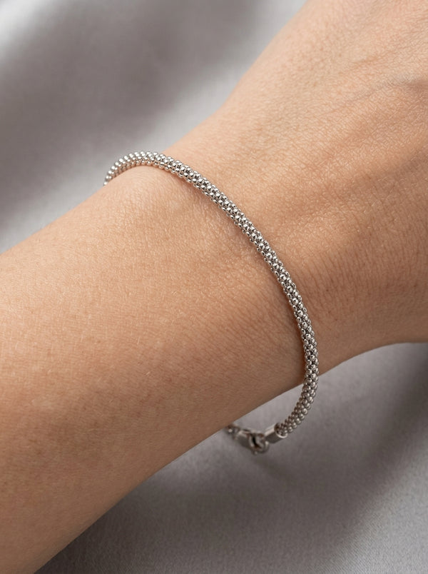 Pulsera de oro blanco 14k tejido popcorn mod 5507 18 cm x 2 mm