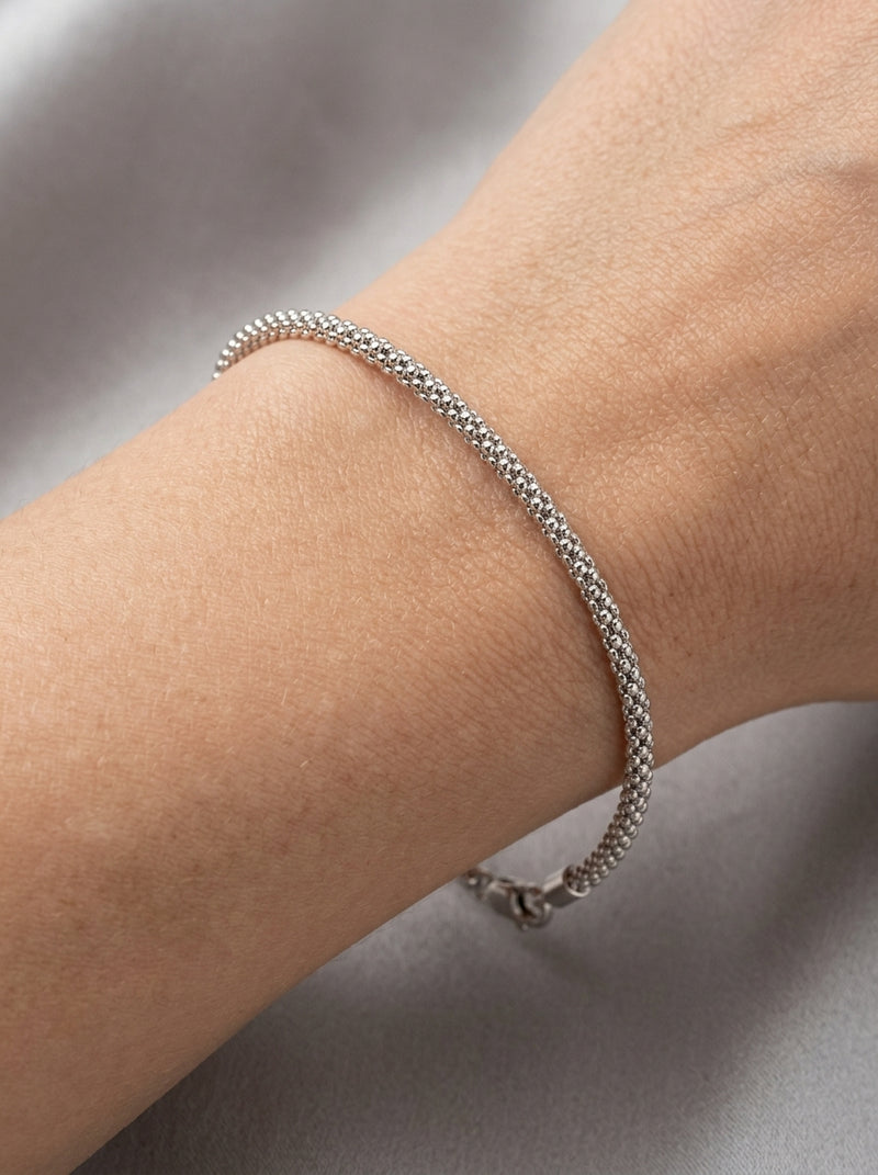 Pulsera de oro blanco 14k tejido popcorn mod 5507 18 cm x 2 mm