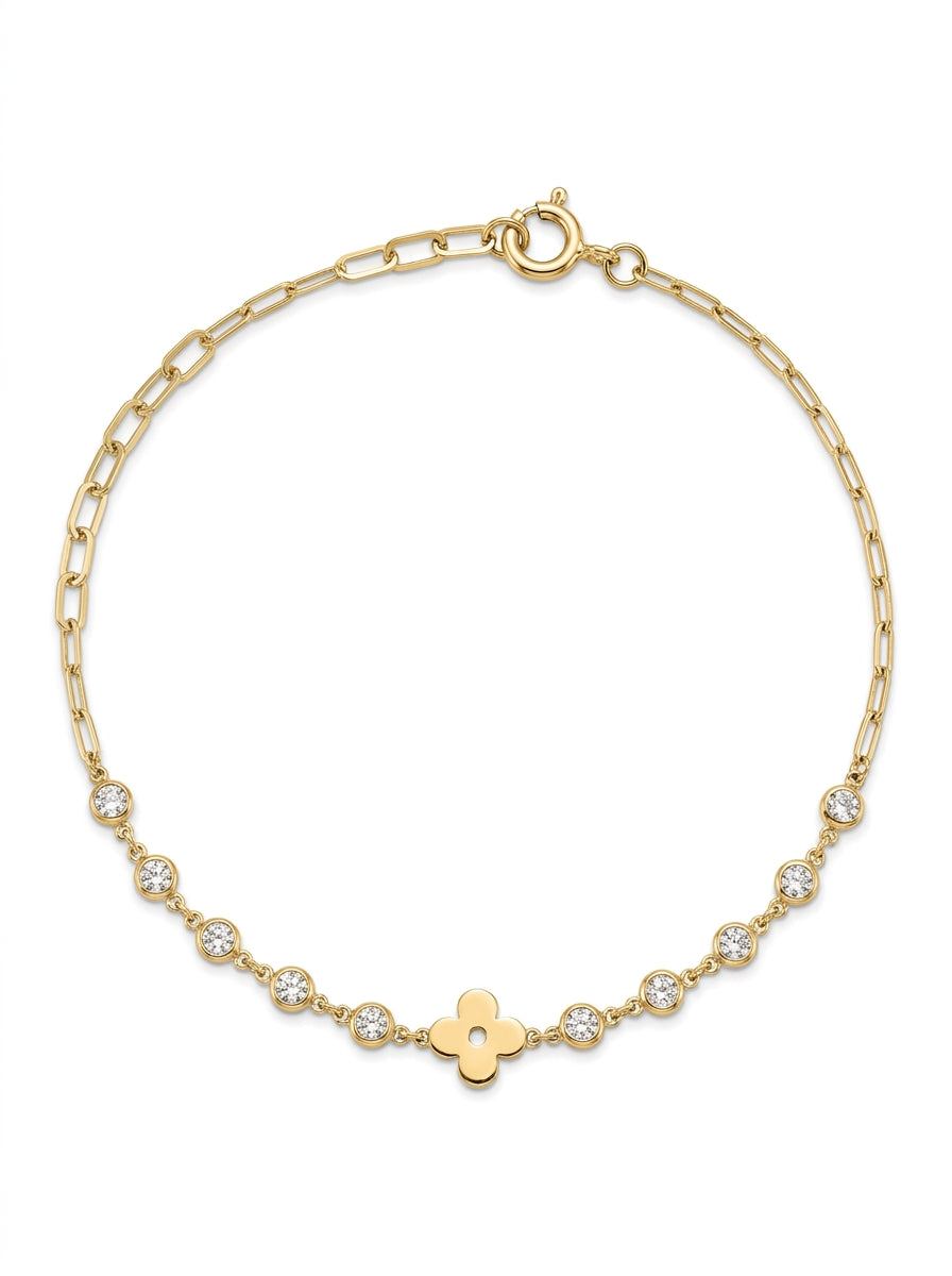 Pulsera de oro 14k diseño de trébol con circonias 5927 - 18 cm