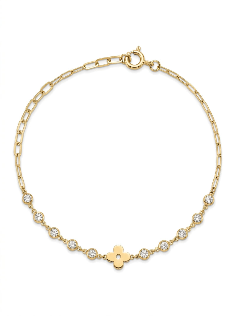 Pulsera de oro 14k diseño de trébol con circonias 5927 - 18 cm