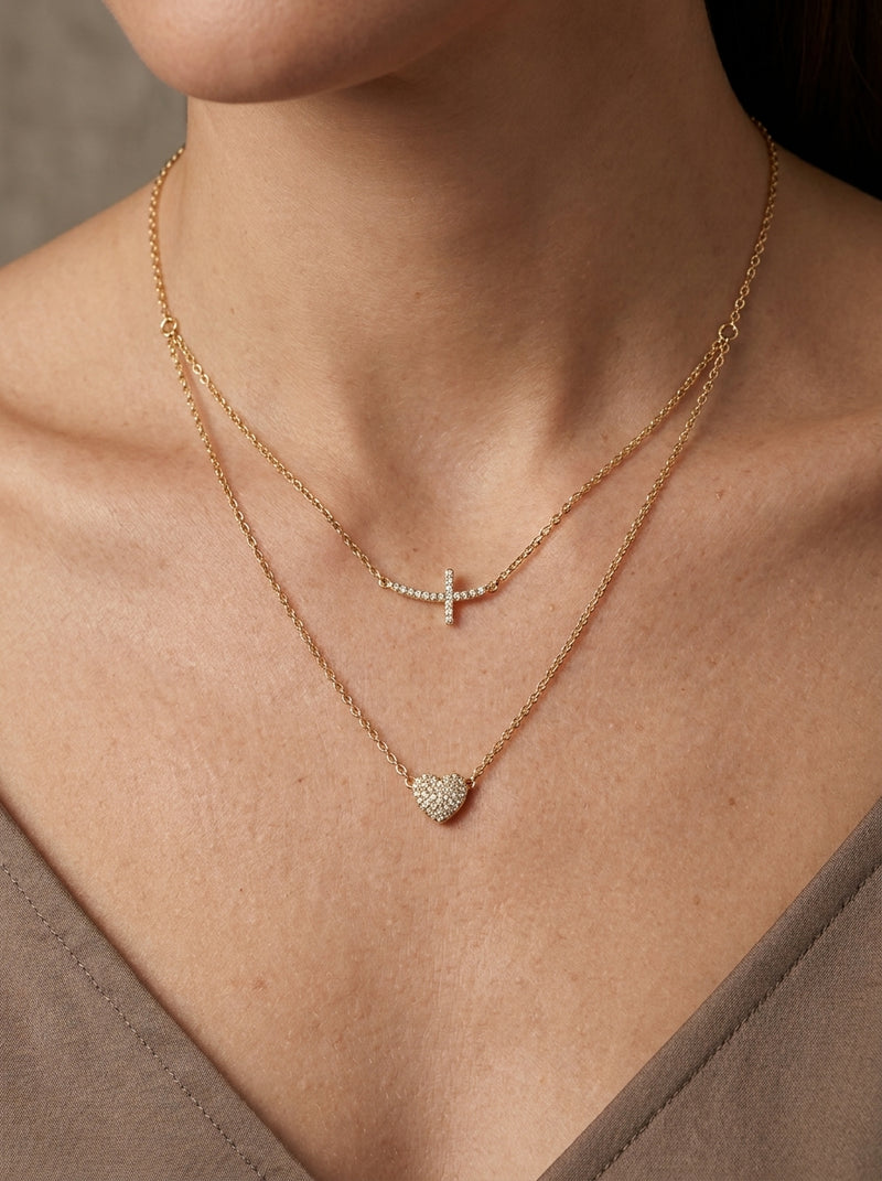 Gargantilla de oro 14k diseño de cruz con corazón con circonias mod 5595 - 45 cm