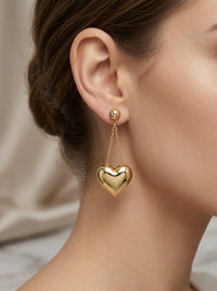Aretes largos de oro 14k diseño de corazón inflado colgantes Mod LM5245 - 3.5 cm