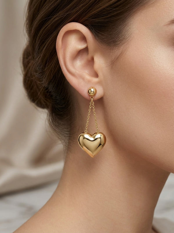 Aretes largos de oro 14k diseño de corazón inflado colgantes Mod LM5245 - 3.5 cm