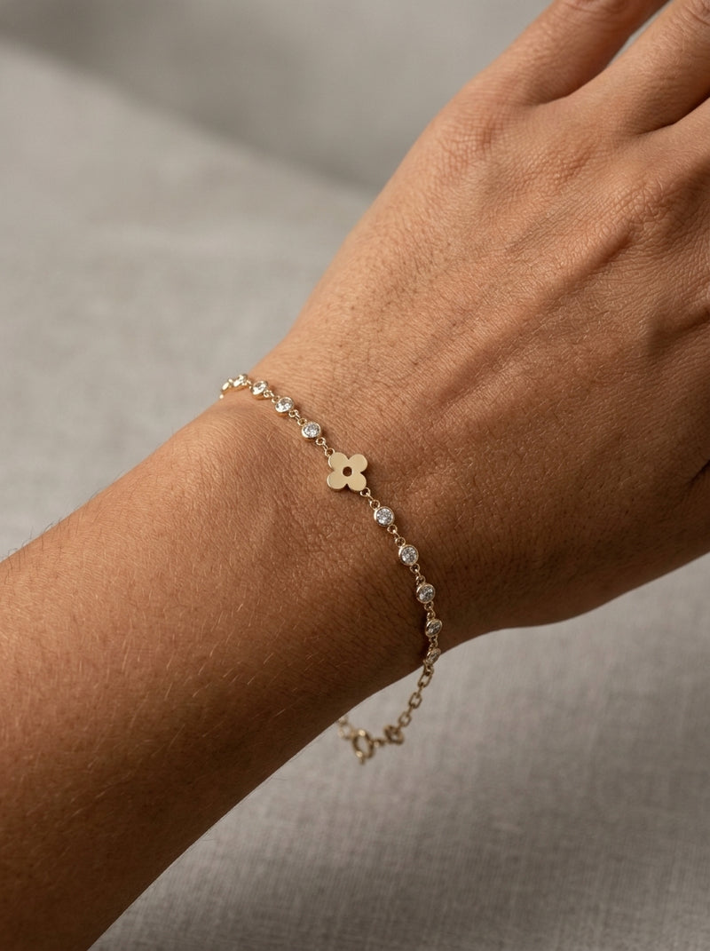 Pulsera de oro 14k diseño de trébol con circonias 5927 - 18 cm