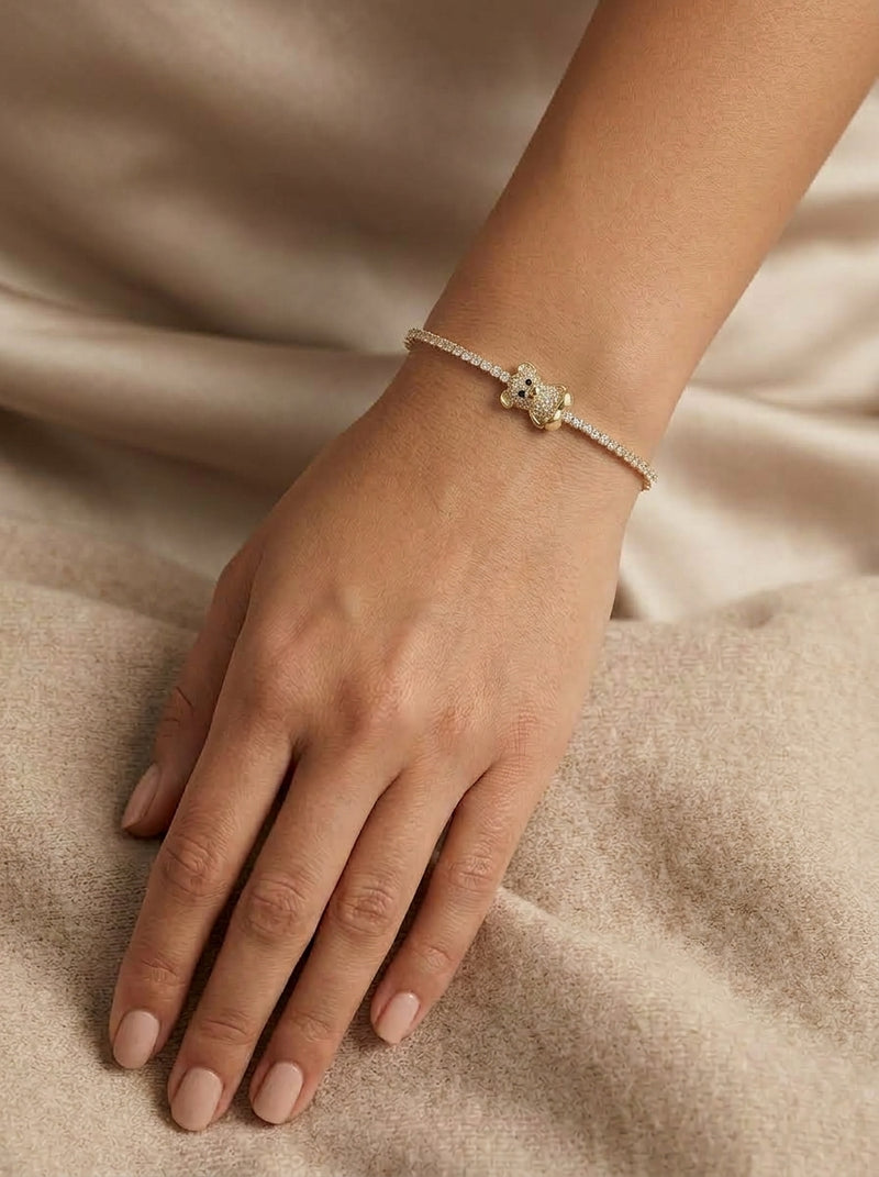 Pulsera de oro 10k diseño tipo tennis con osito 5921 - 18 cm