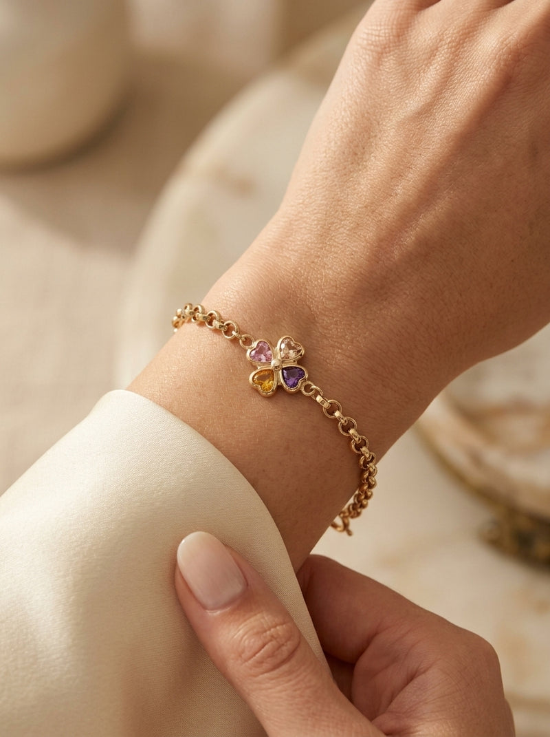 Pulsera de oro 14k diseño trébol de circonia con eslabones 5932 - 18 cm
