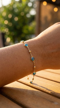  pulsera de oro 14k con ojos turco azul cielo -18 cm