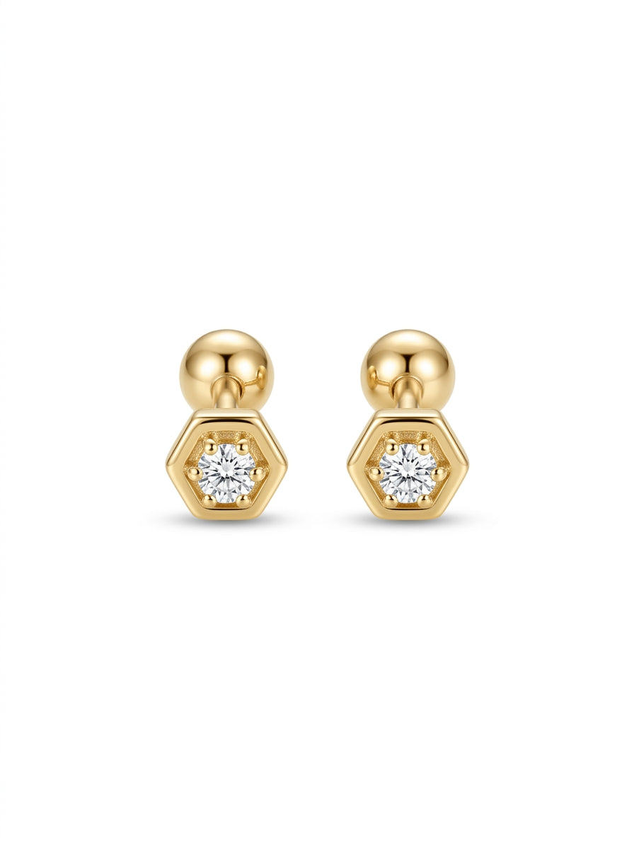 Broquel baby de oro 14k diseño hexagonal con diamantes naturales Mod 5443
