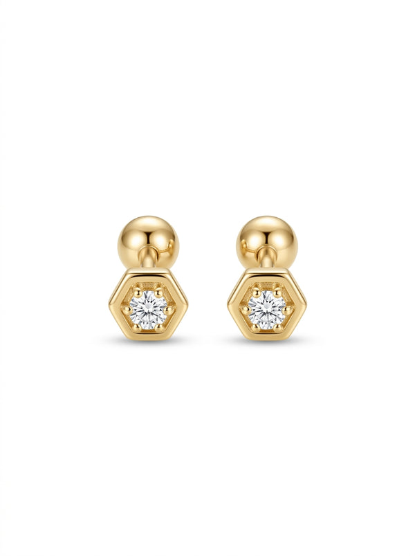 Broquel baby de oro 14k diseño hexagonal con diamantes naturales Mod 5443
