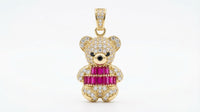 Dije de oro 10k de oso con circonias cortes baguette fucsia  - 2.3 cm