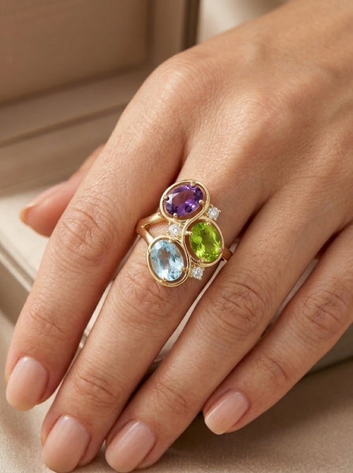 Anillo de oro 14k diseño cluster  multicolor Mod LM5405